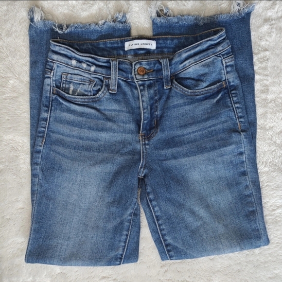 Flying Monkey Sz 26 Straight Leg Blue Jeans Raw Frayed Hem Mid Rise Ankle Flare - Picture 2 of 7